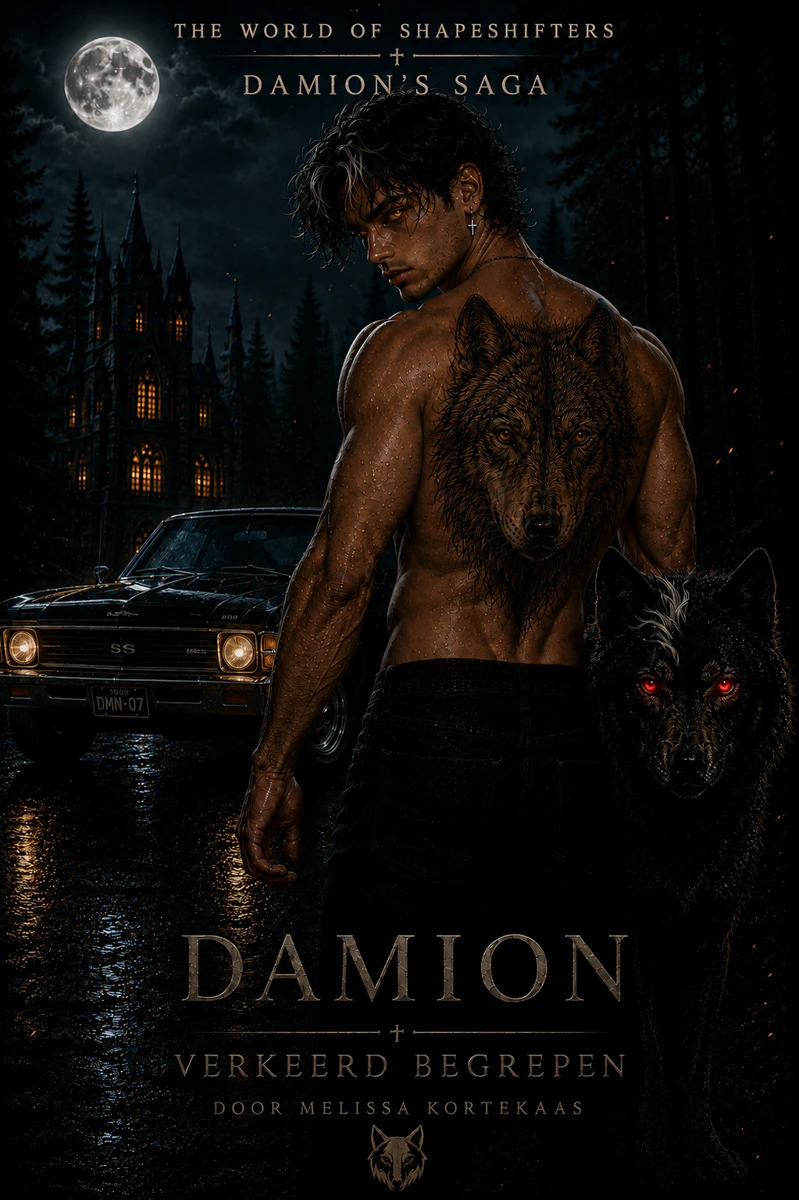 Damion met zijn wolf, onder een maan bij het bos