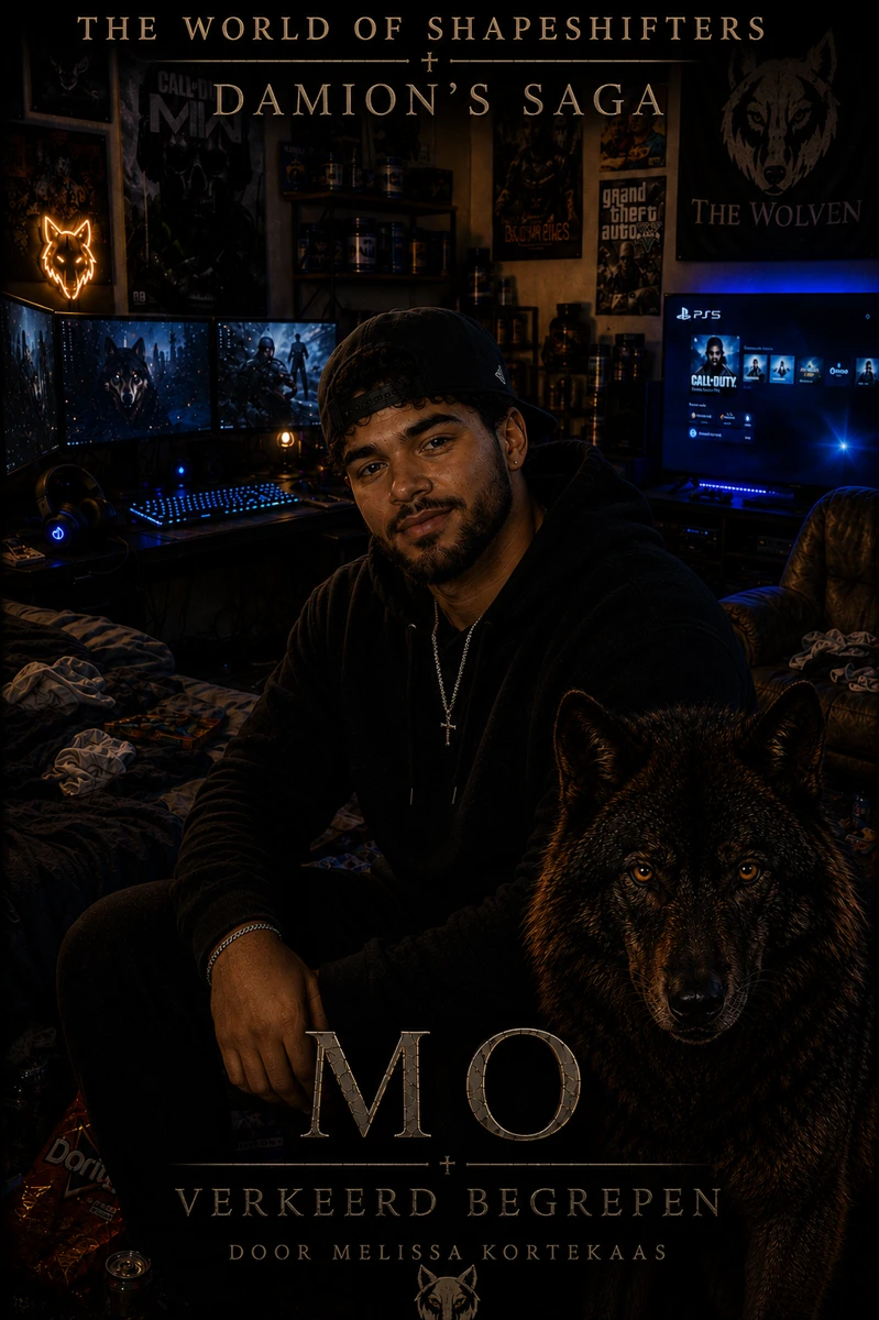 Mo met zijn wolf in een sfeervol verlichte ruimte