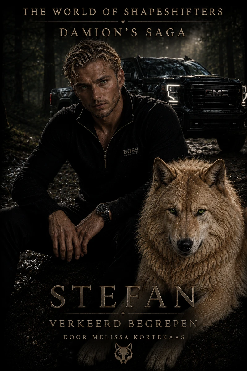 Stefan met zijn wolf bij een klassieke auto in het bos