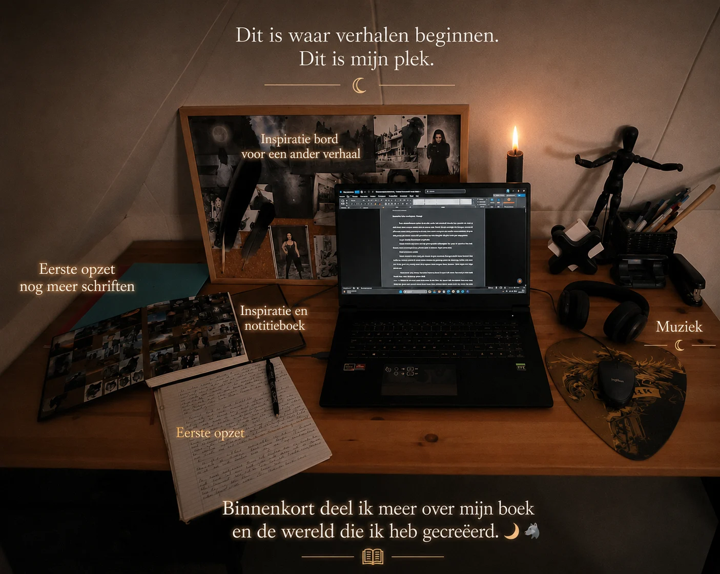 Compositie van de schrijfplek met labels voor de eerste opzet, het inspiratie- en notitieboek, het inspiratiebord en muziek